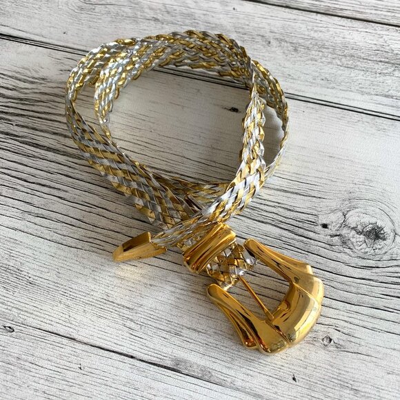 Vintage 80s 90s Metallic Gold Silver Braided Woven Adjustable Western Belt - Picture 1 of 12